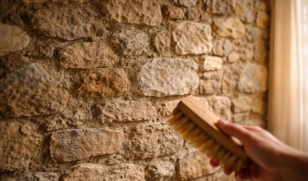 mur-pierre-main-brosse-éclairage-naturel