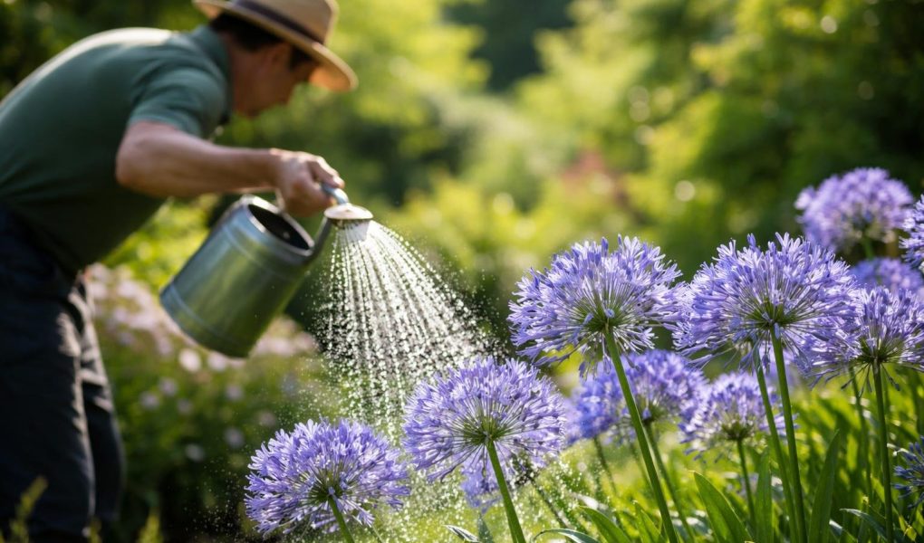 jardinier-arroser-agapanthes-fleurs-soleil