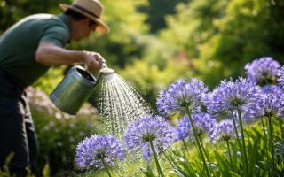 jardinier-arroser-agapanthes-fleurs-soleil