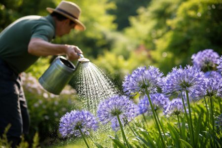 jardinier-arroser-agapanthes-fleurs-soleil